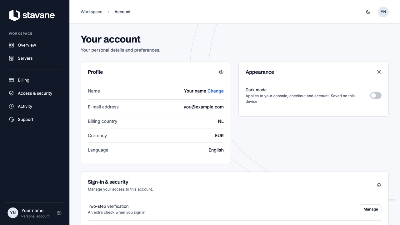 The account page with profile, appearance and sign-in and security settings