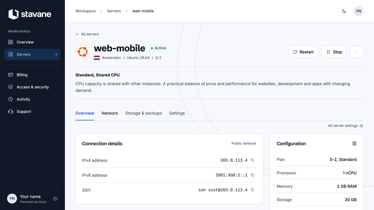 The overview of a server with its status, addresses and the actions at the top